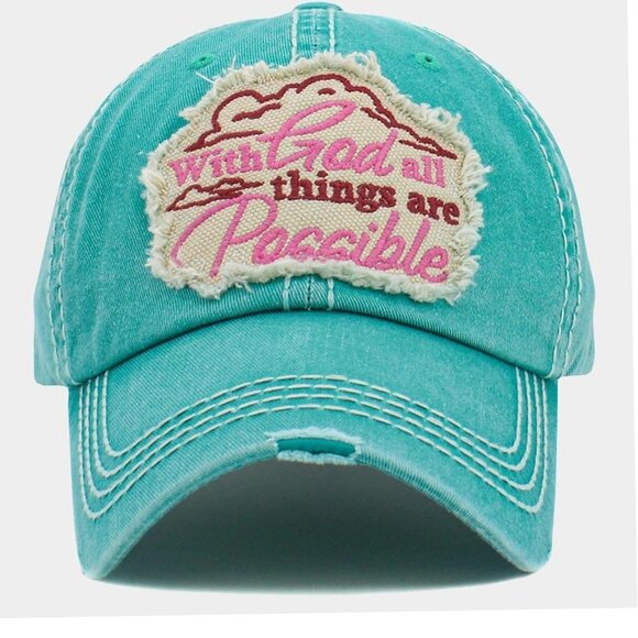New  Turquoise Vintage Design Baseball Cap Hat " With God All Things Are Poss… - Picture 1 of 1